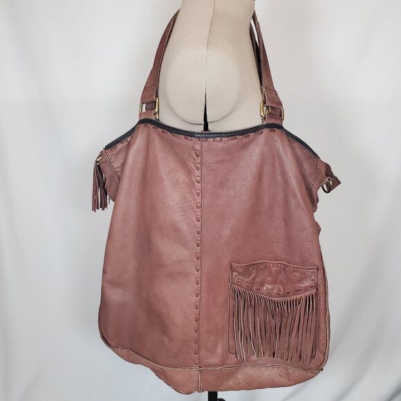Free People Women’s Large Brown Leather Tote Bag Boho Distressed Weekender - Picture 4 of 15